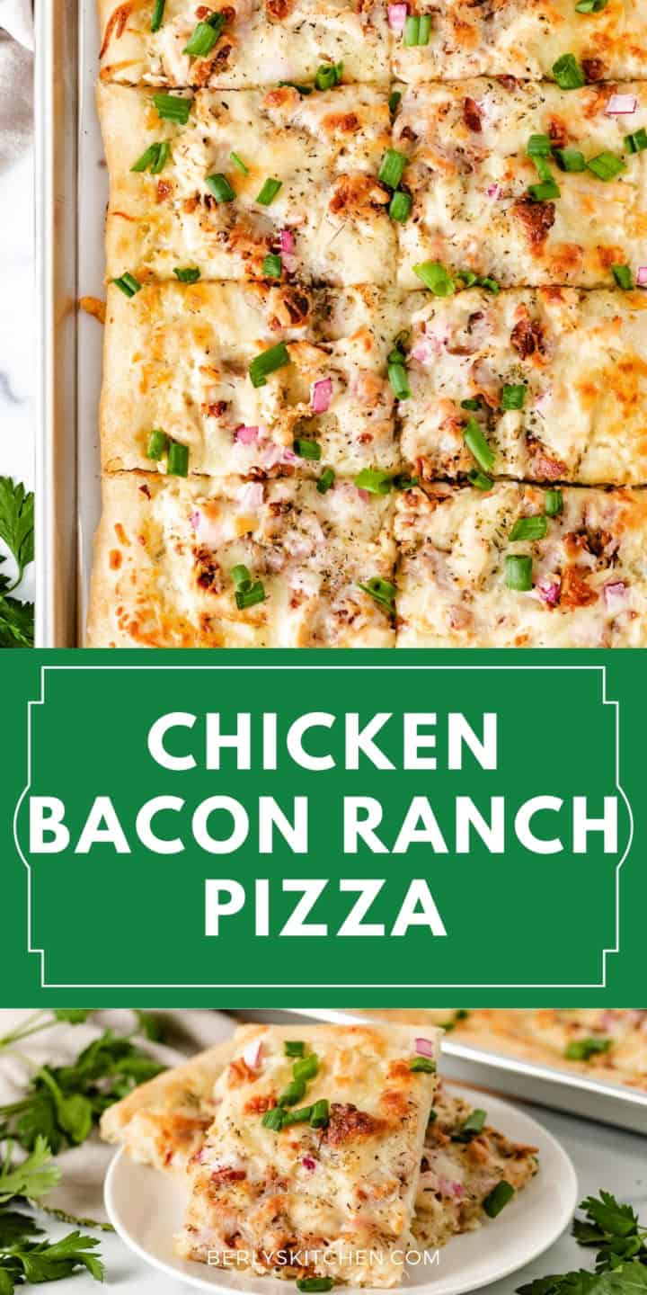 Top down view of a rectangle chicken bacon ranch pizza.