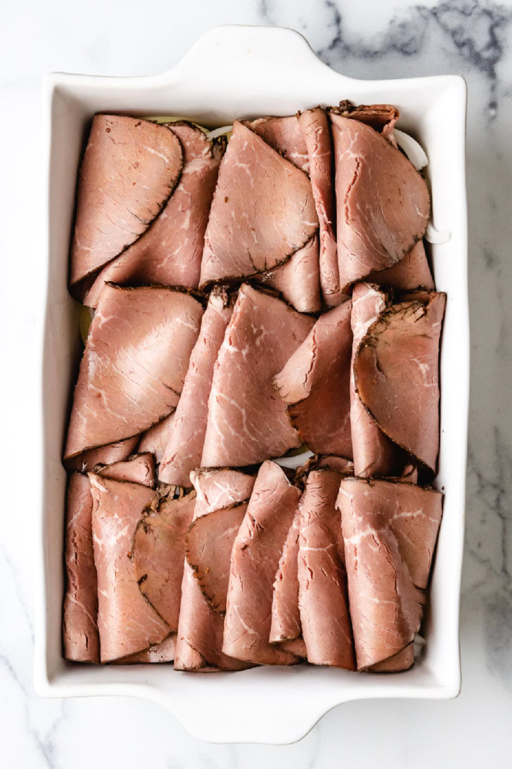 Top down view of roast beef for sliders.