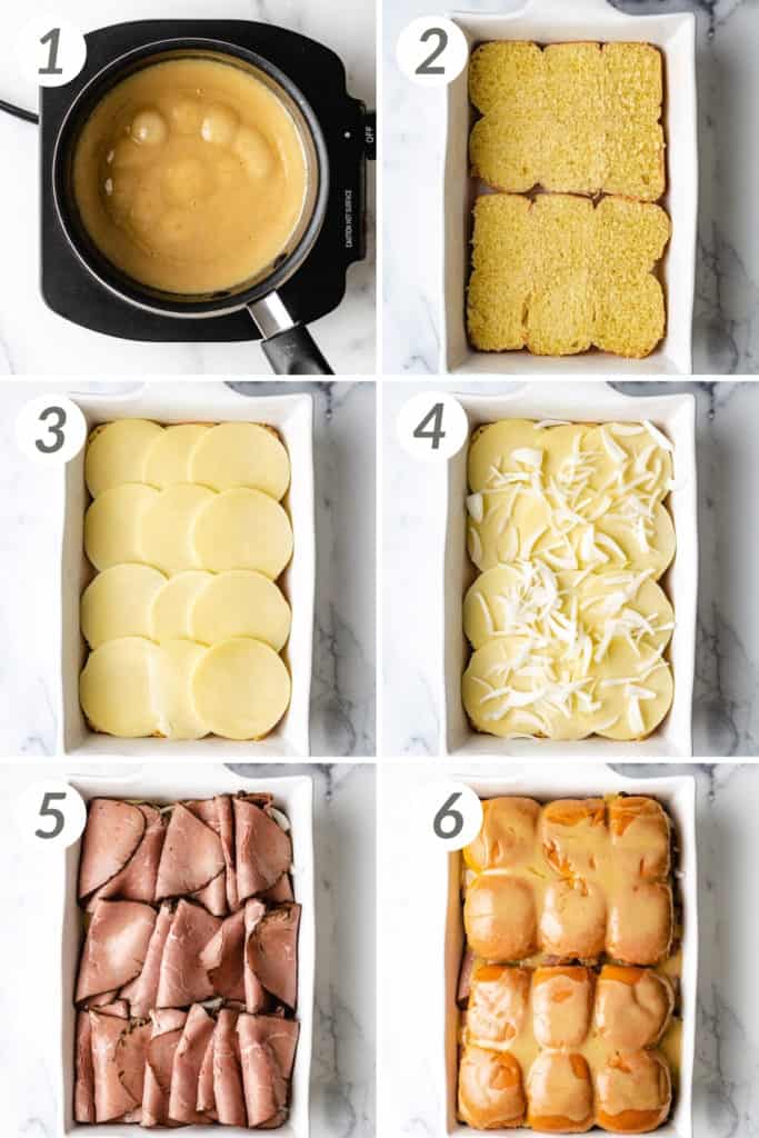 Collage showing how to make french dip sliders.