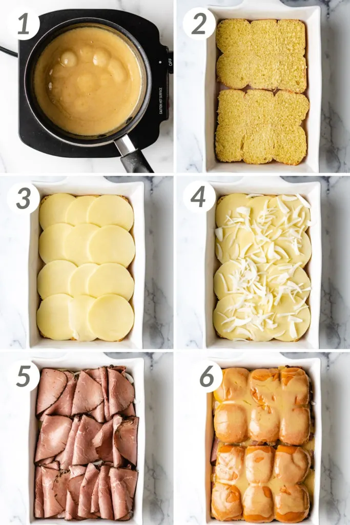 Collage showing how to make French Dip sliders.