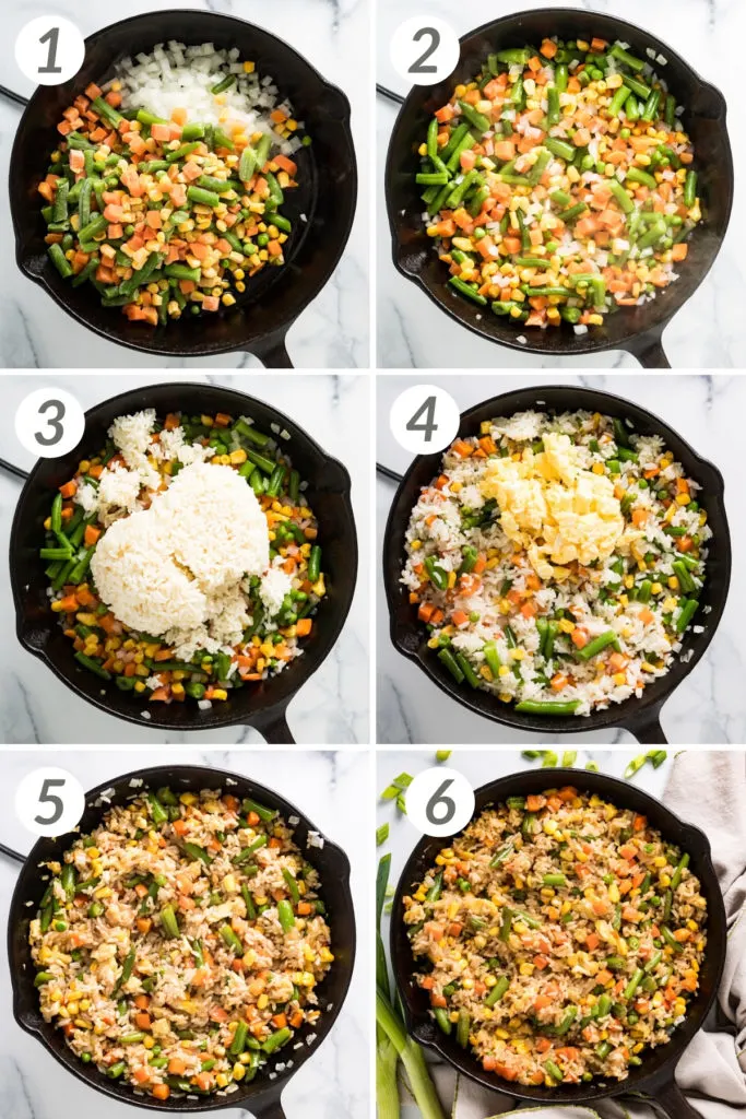 Collage showing how to make homemade fried rice.
