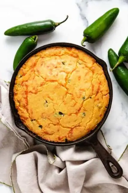 Top down view of cheesy spicy jalapeno cornbread.