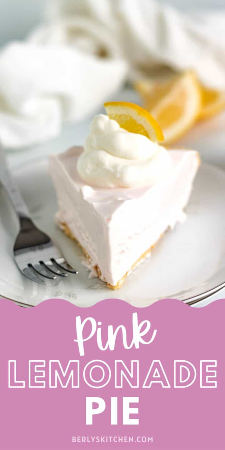 Pink lemonade pie with a fork on a plate.