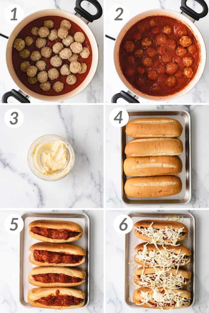 Collage showing how to make a meatball sandwich.