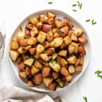 Top down view of diced red potatoes.