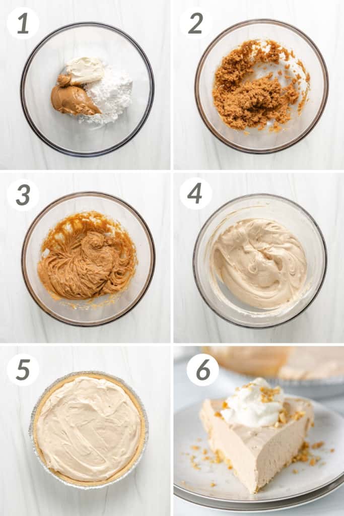 Collage showing how to make peanut butter pie.