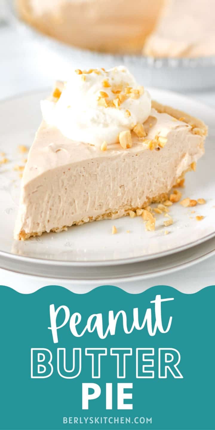 Slice of peanut butter pie with whipped cream and crushed peanuts.