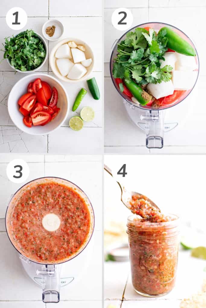 Collage showing how to make restaurant style salsa.