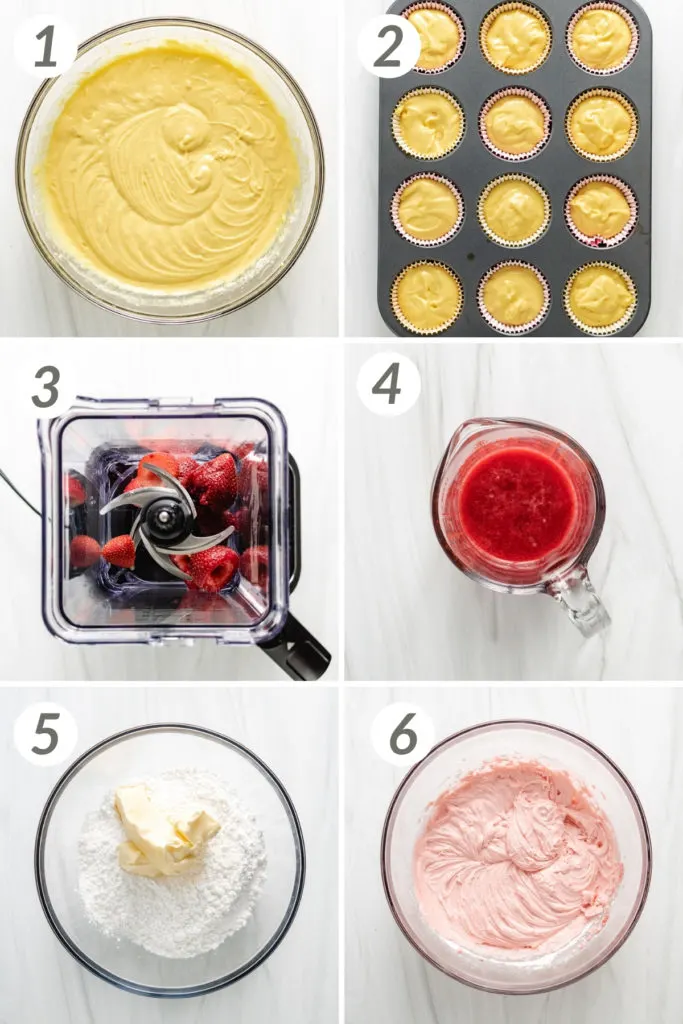 Collage showing how to make strawberry lemonade cupcakes.