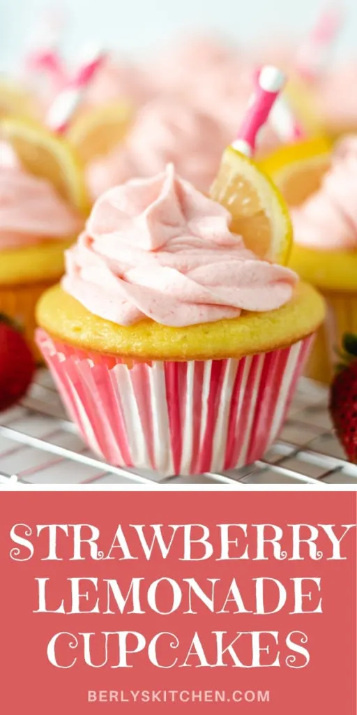 Strawberry lemonade cupcake in a pink and white liner.