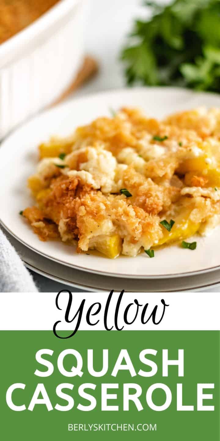 Plate of yellow squash casserole with butter cracker topping.