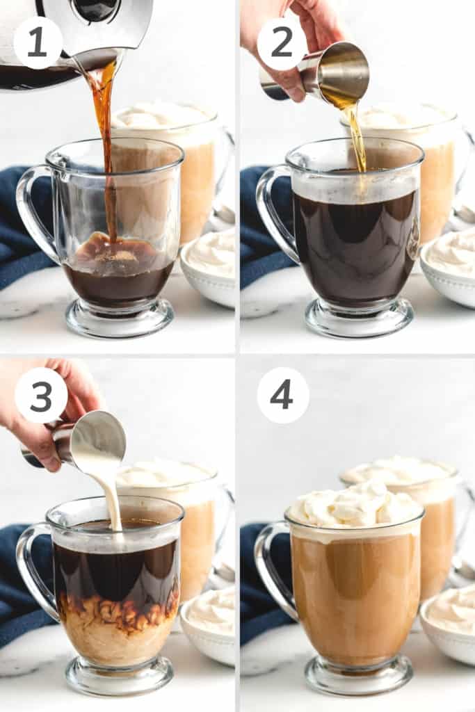 Collage showing how to make amaretto coffee.