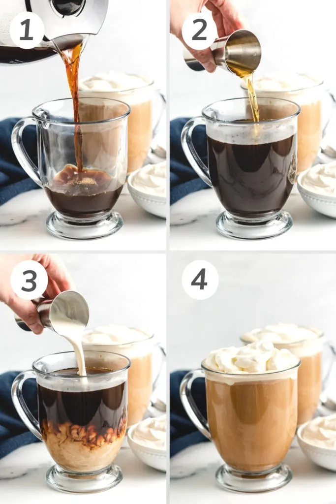 Collage showing how to make amaretto coffee.