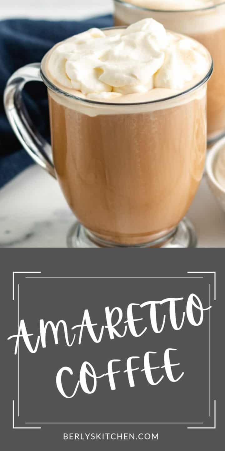 Close up view of amaretto coffee in a glass mug.
