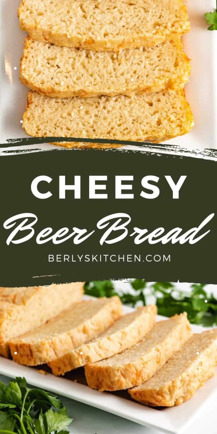 Two photos of cheesy beer bread in a collage.