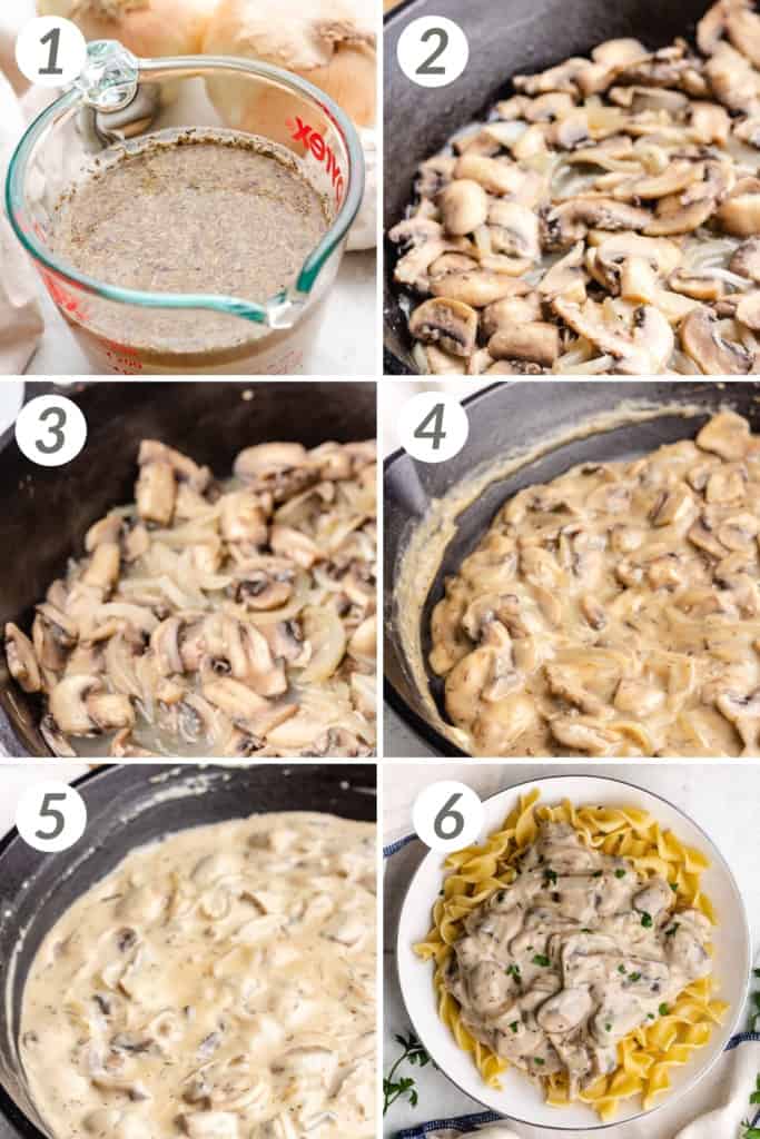 Collage showing how to make mushroom stroganoff.
