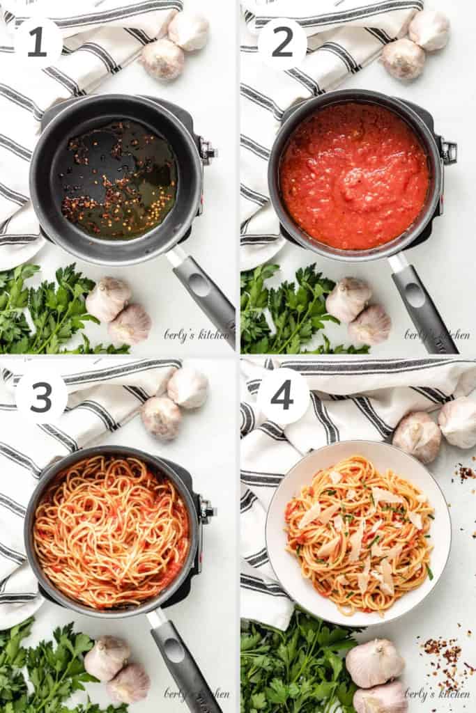 Collage showing how to make spaghetti arrabiata.