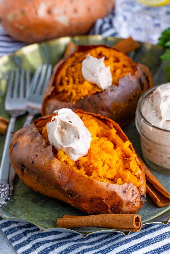 Top down view of sweet potatoes with cinnamon butter.