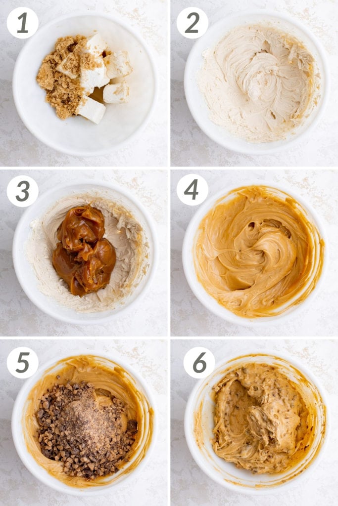 Collage showing how to make caramel apple dip.