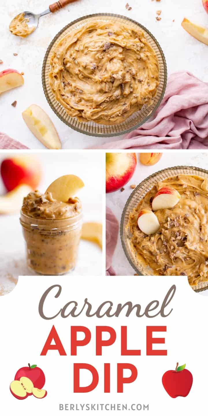 Three photos of caramel apple dip in a collage.