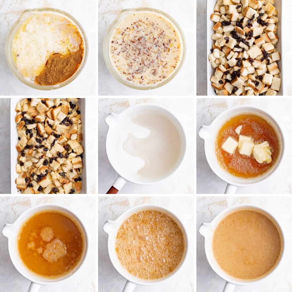 Collage showing how to make caramel bread pudding.