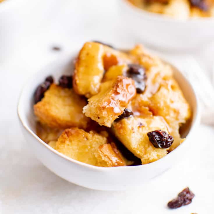 Small bowl of salted caramel bread pudding.