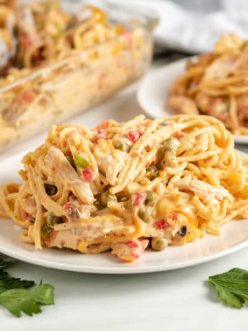 Baked chicken casserole with pasta on a plate.