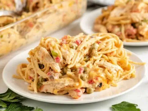 Baked chicken casserole with pasta on a plate.