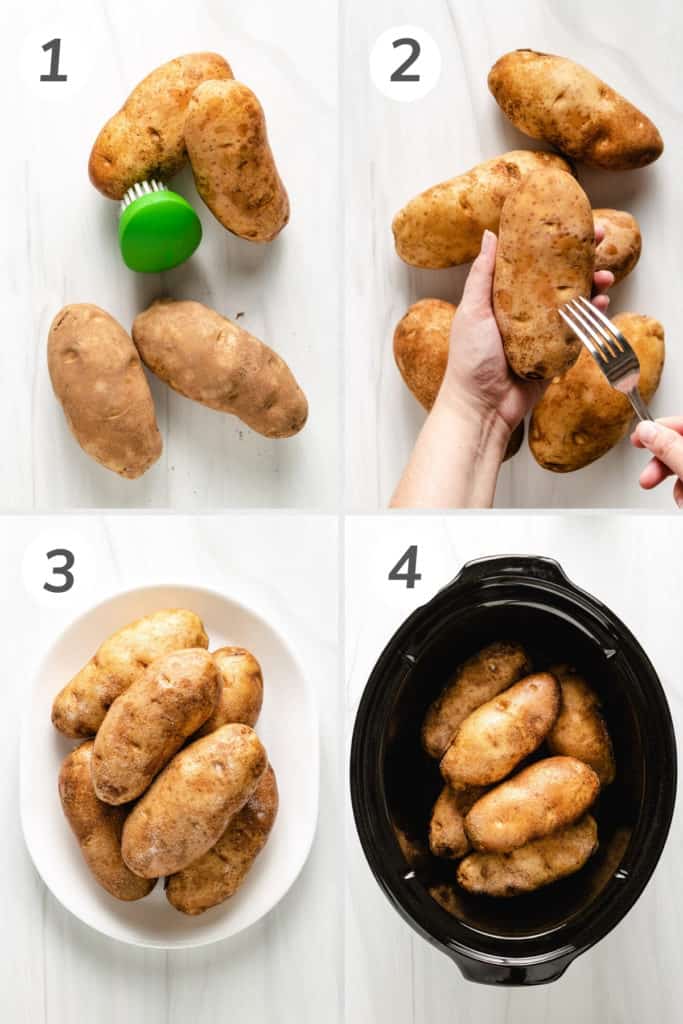 Collage showing how to make crock pot baked potatoes.