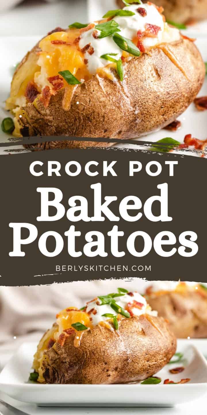 Two photos of baked potatoes in a collage.