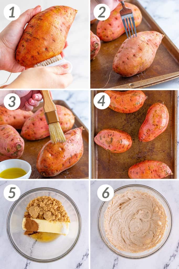 Collage showing how to make crock pot sweet potatoes.