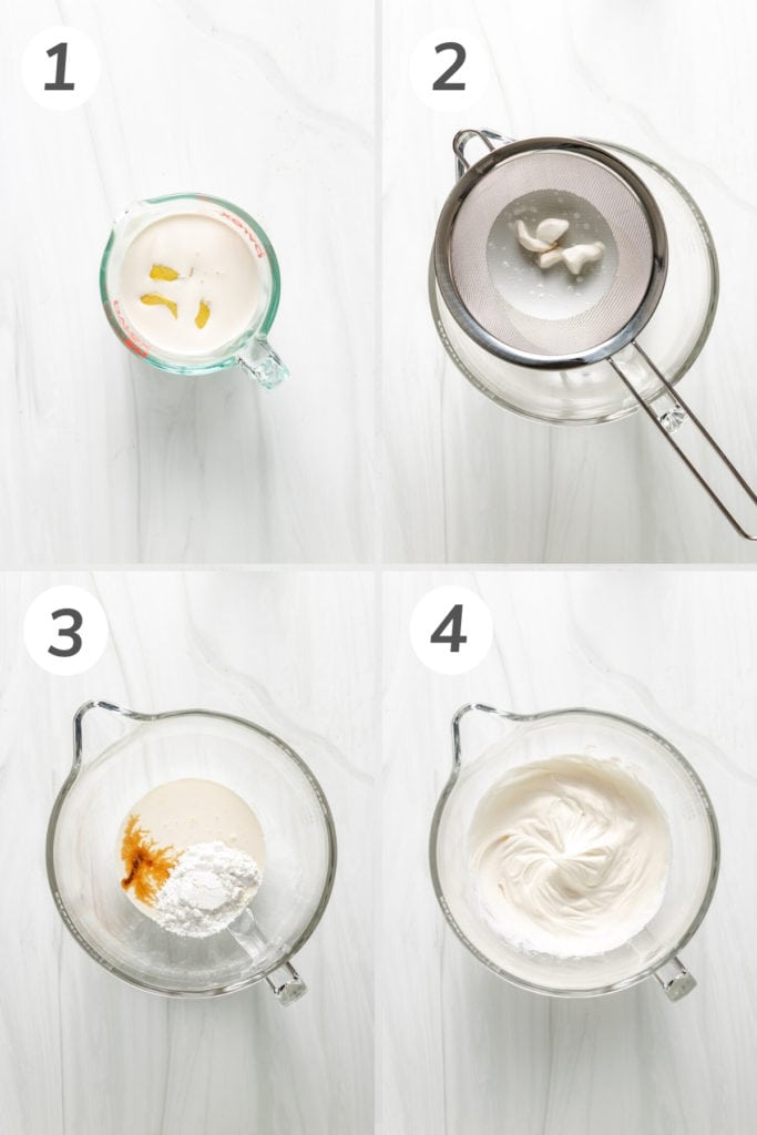 Collage showing how to make ginger infused whipped cream.