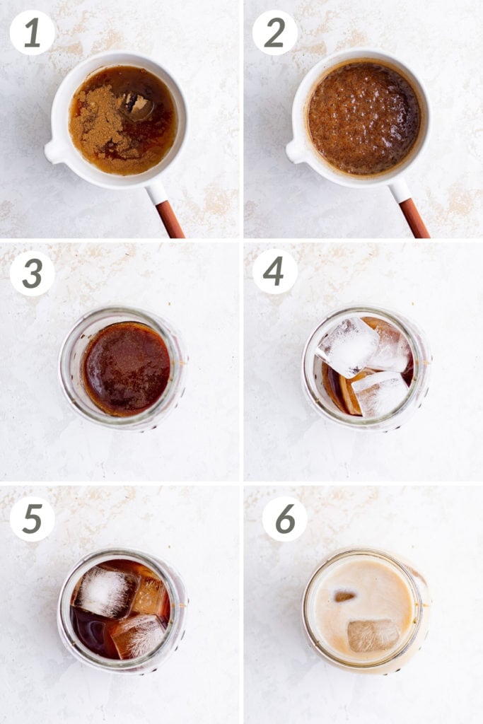 Collage showing how to make iced brown sugar oat milk shaken espresso.