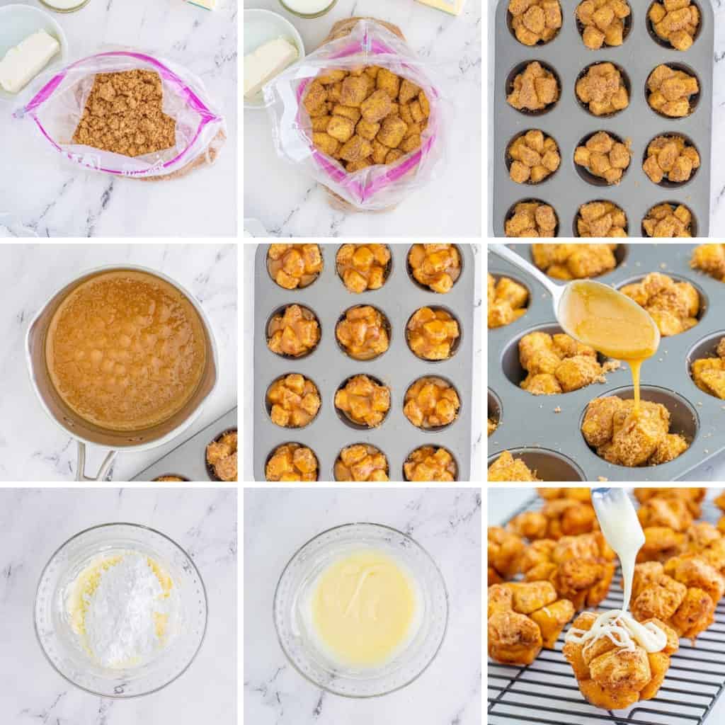 Collage showing how to make monkey bread muffins.