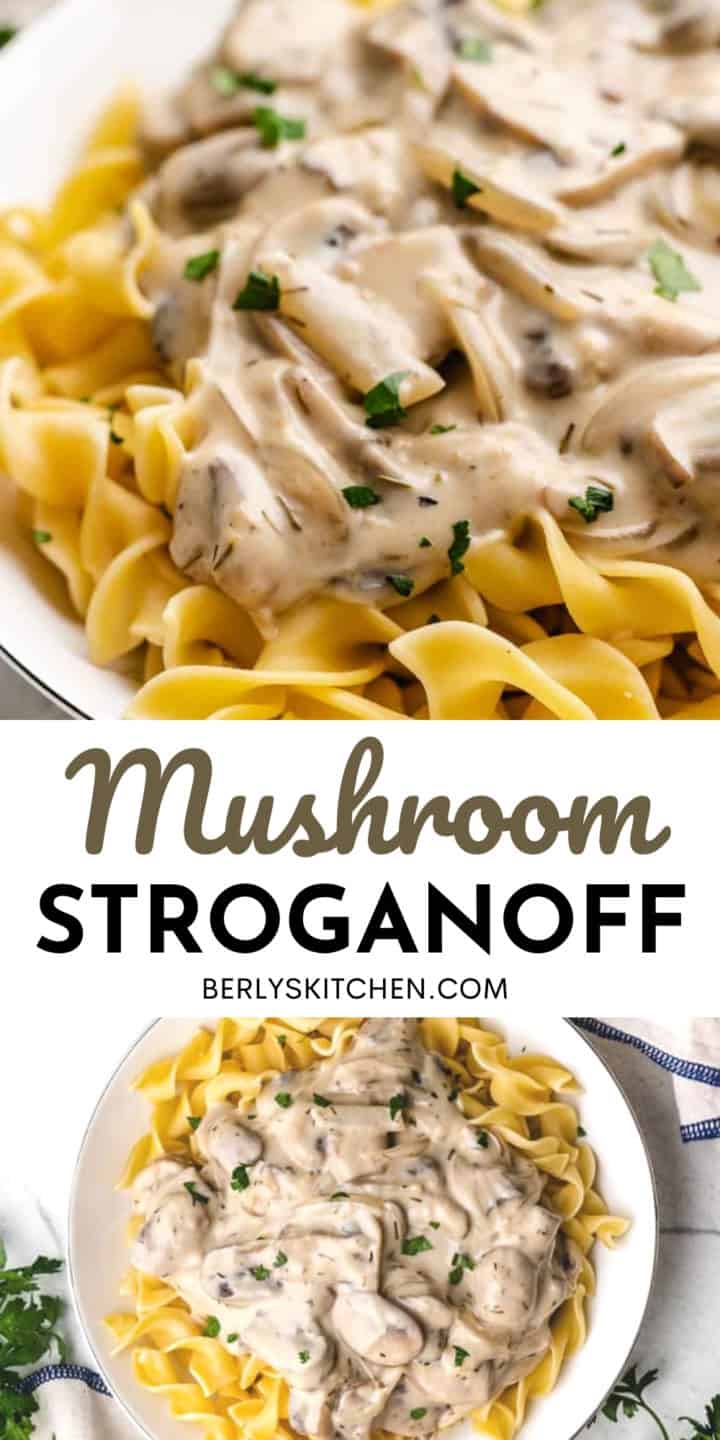 Two photos of mushroom stroganoff in a collage.