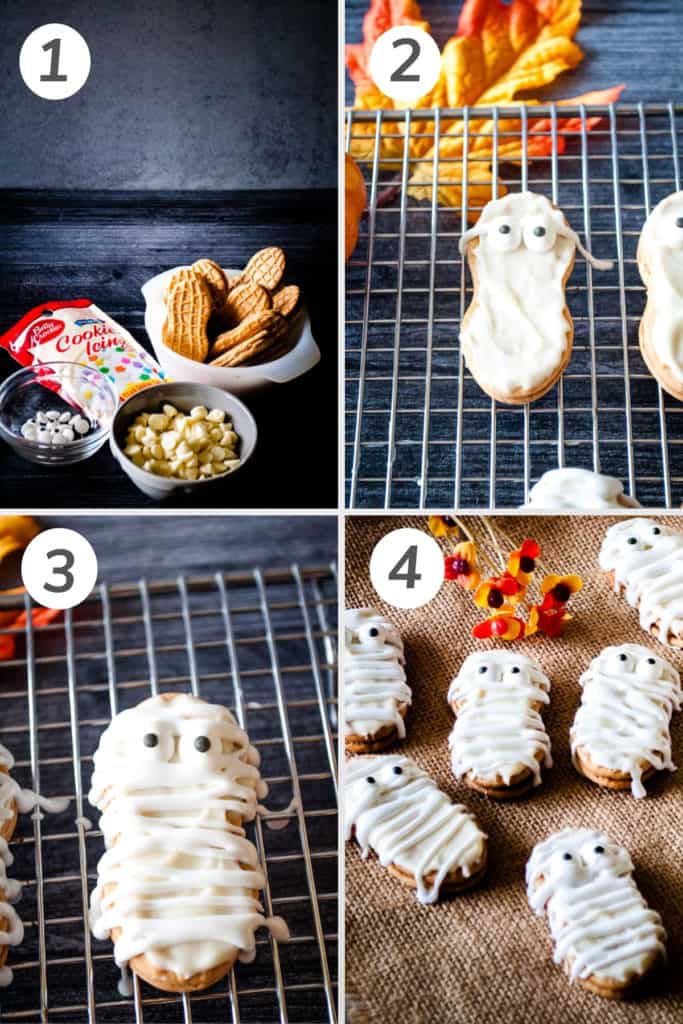 Collage showing how to make Nutter Butter mummy cookies.