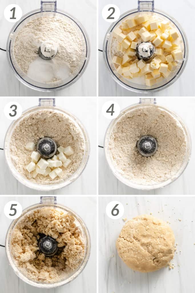 Collage showing how to make pie crust with shortening.