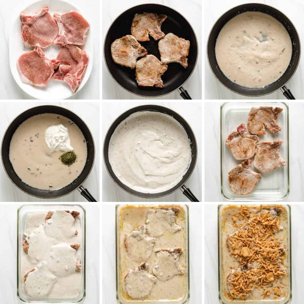 Collage showing how to make pork chop casserole.