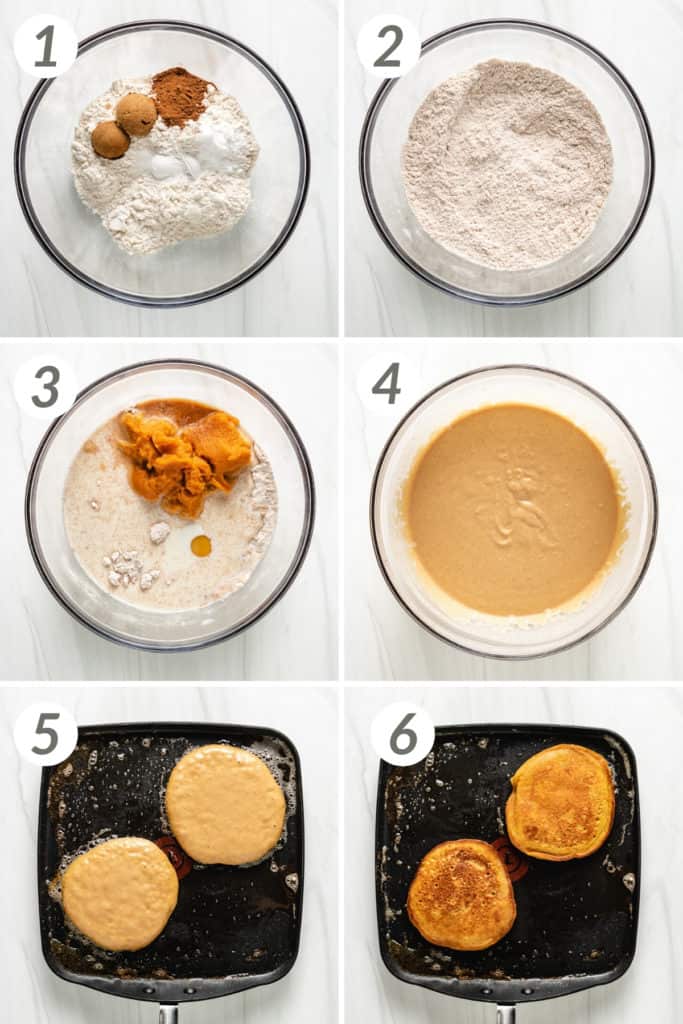 Collage showing how to make pumpkin pancakes.