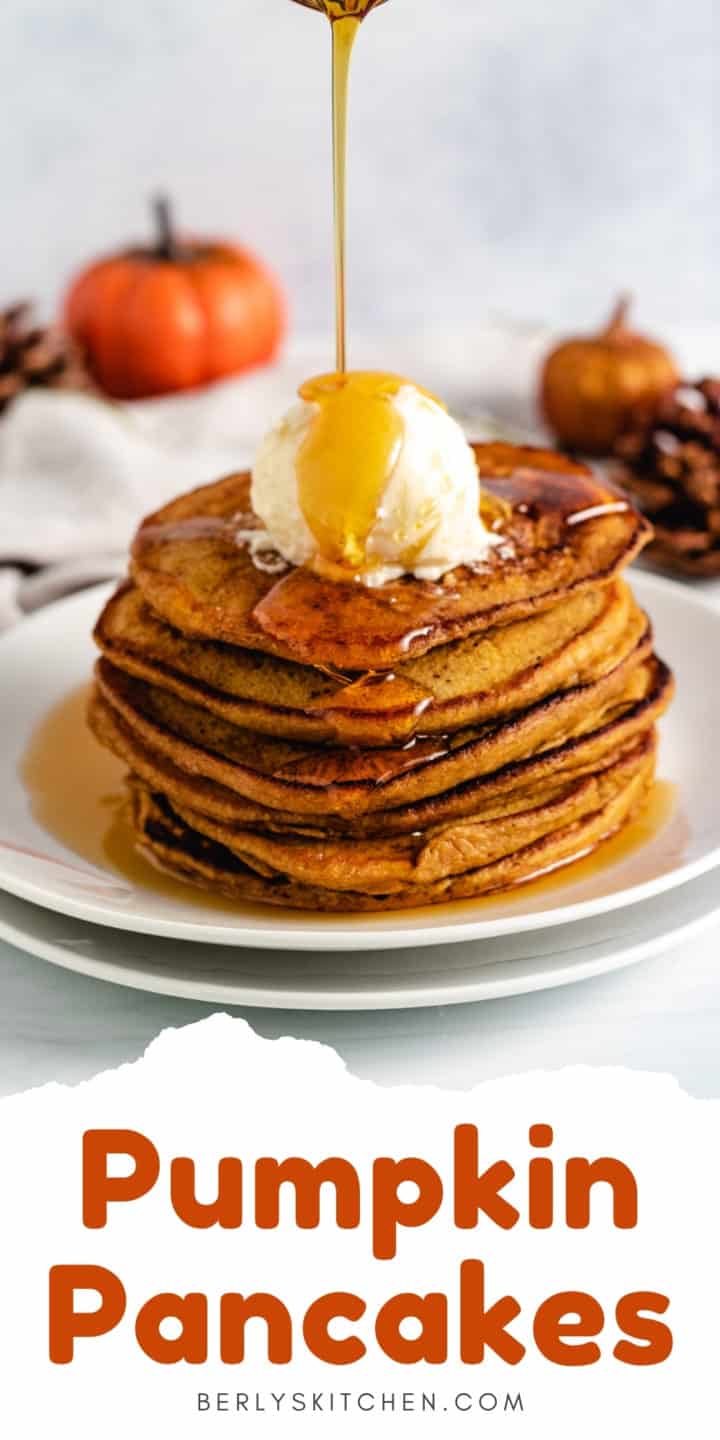Stack of pumpkin pancakes with syrup.