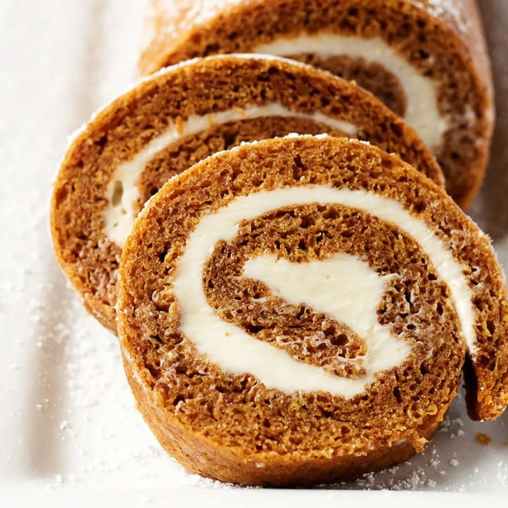Close up of sliced pumpkin roll.
