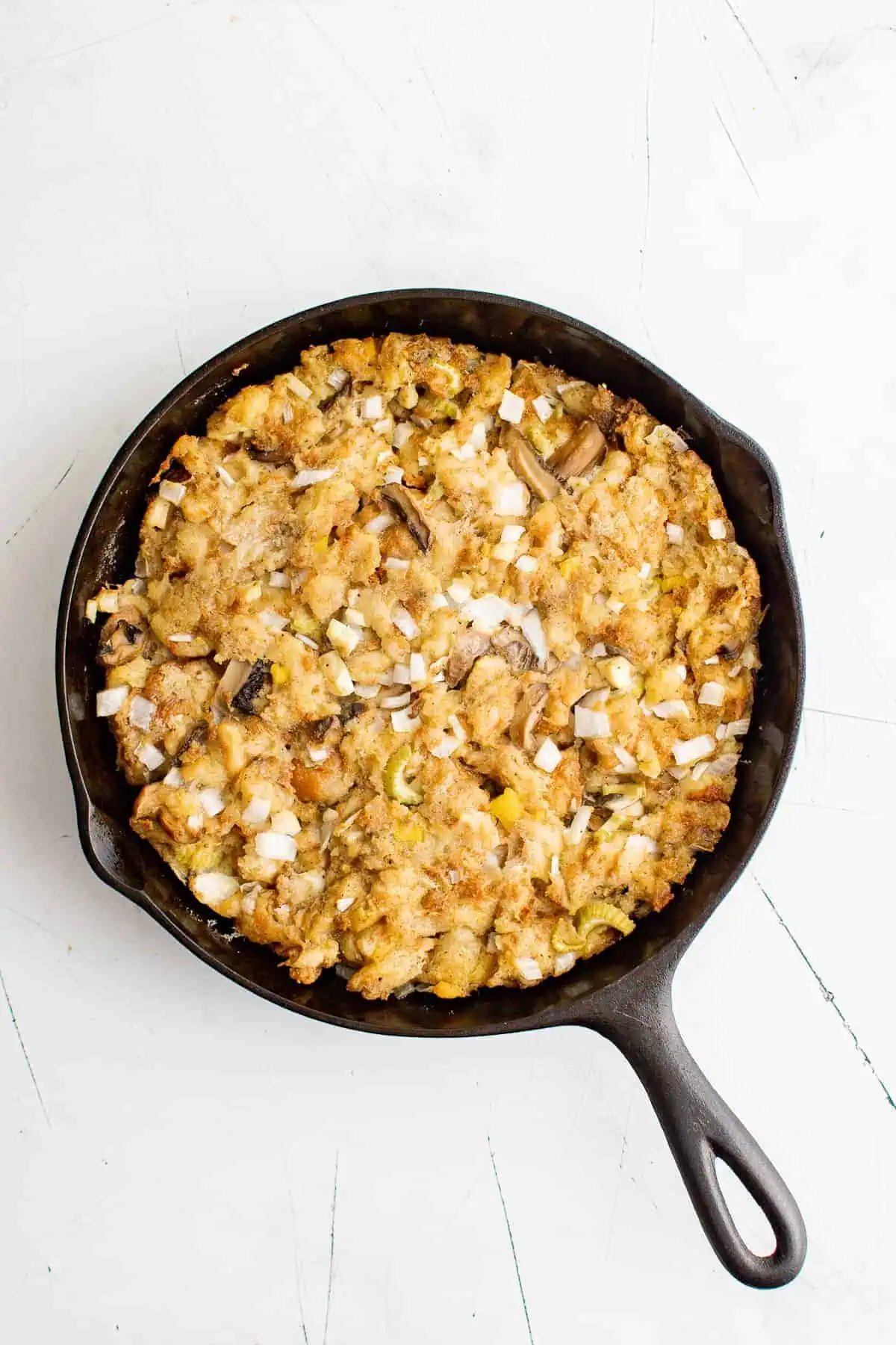 Top down view of stuffing in cast iron.