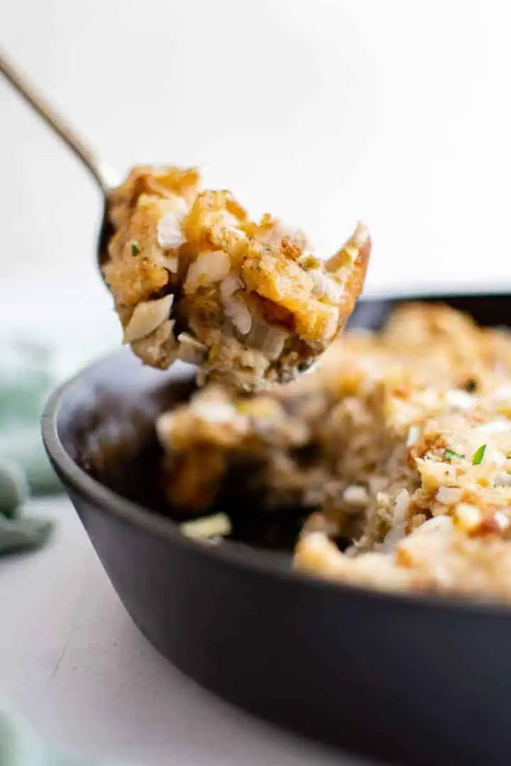 Savory sage stuffing on a spatula.