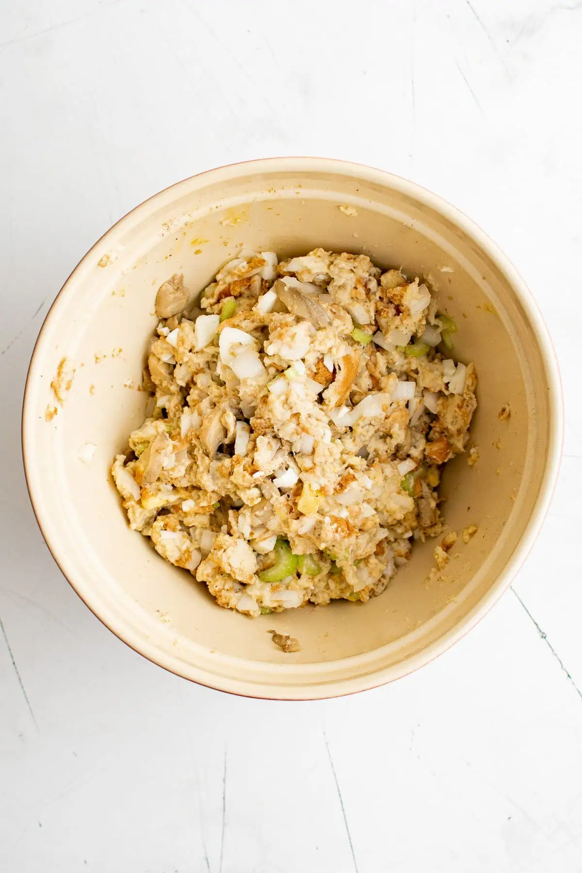 Stuffing mix in a bowl.