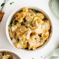 Top down view of a small bowl of stuffing.