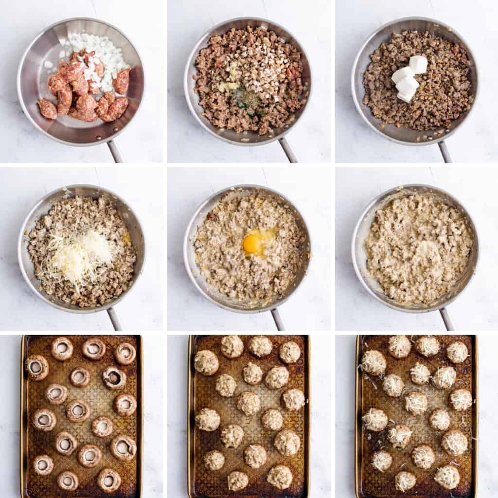 Collage showing how to make stuffed mushrooms.