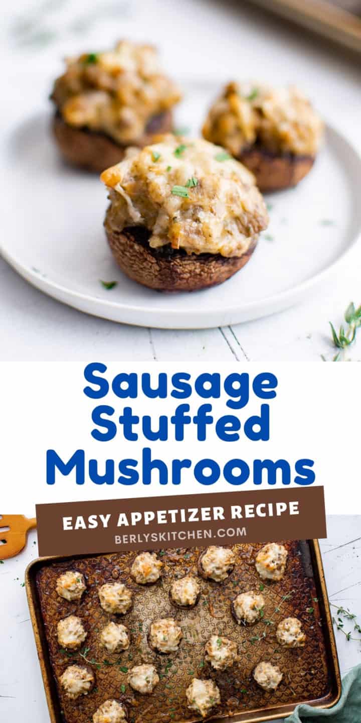 Two photos of sausage stuffed mushrooms in a collage.