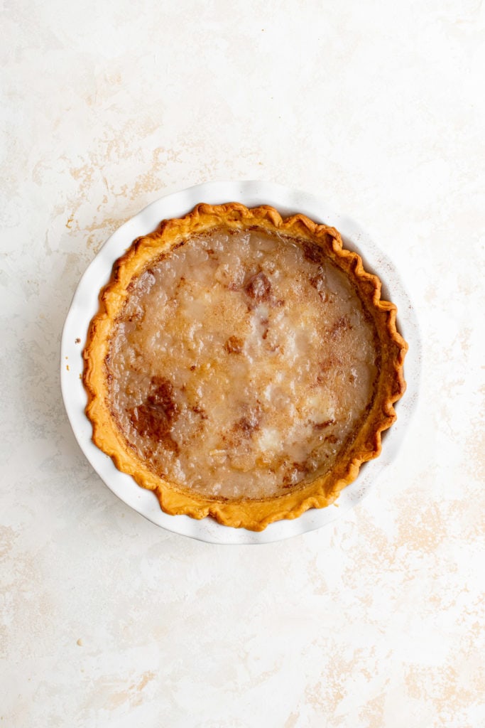 Top down view of water pie in a pie plate.