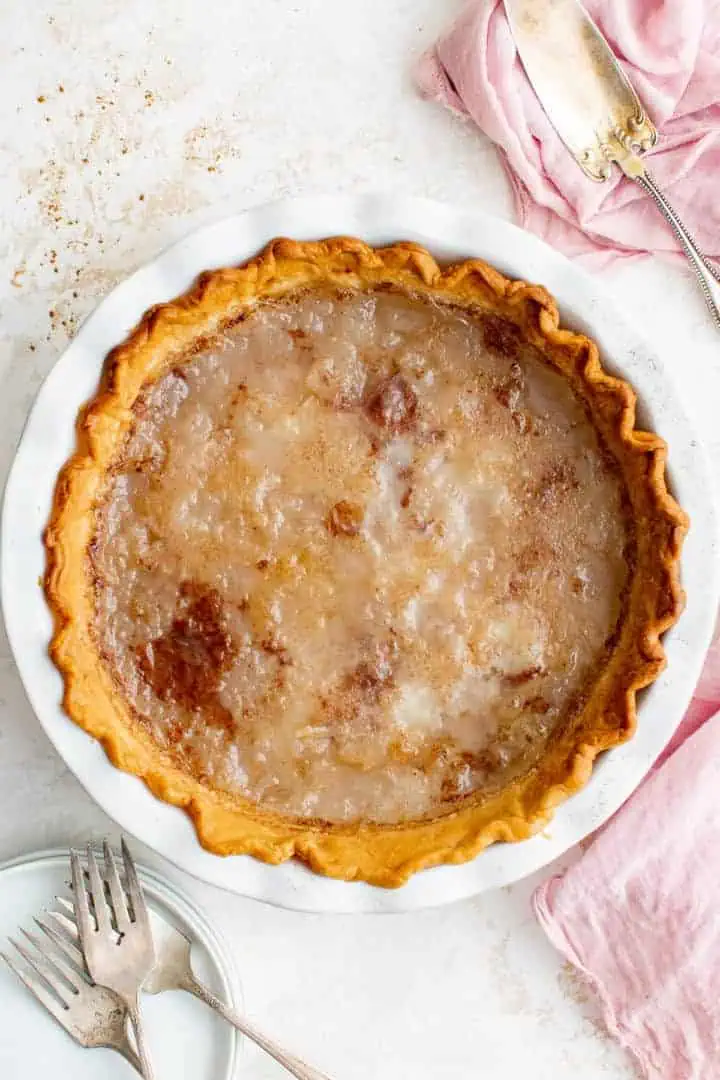 Top down view of water pie with cinnamon.