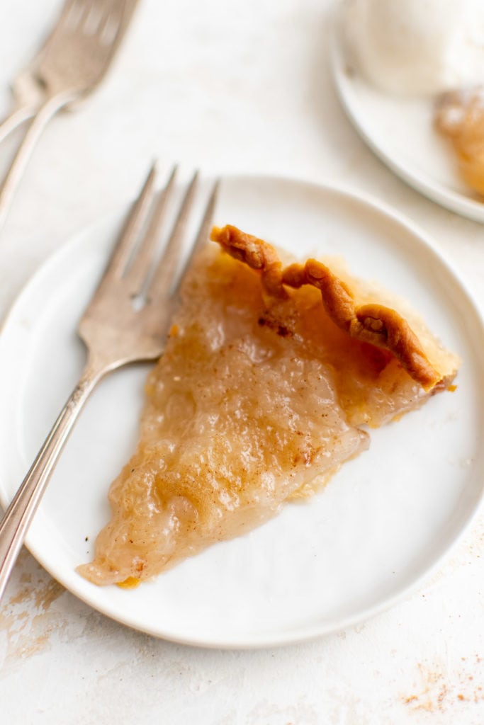 Top down view of a slice of water pie.